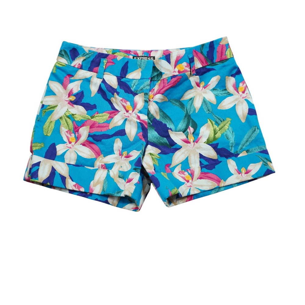 Express Size 2 Vibrant Blue Tropical Floral Cuffed‎ Shorts Turquoise Pink Cotton